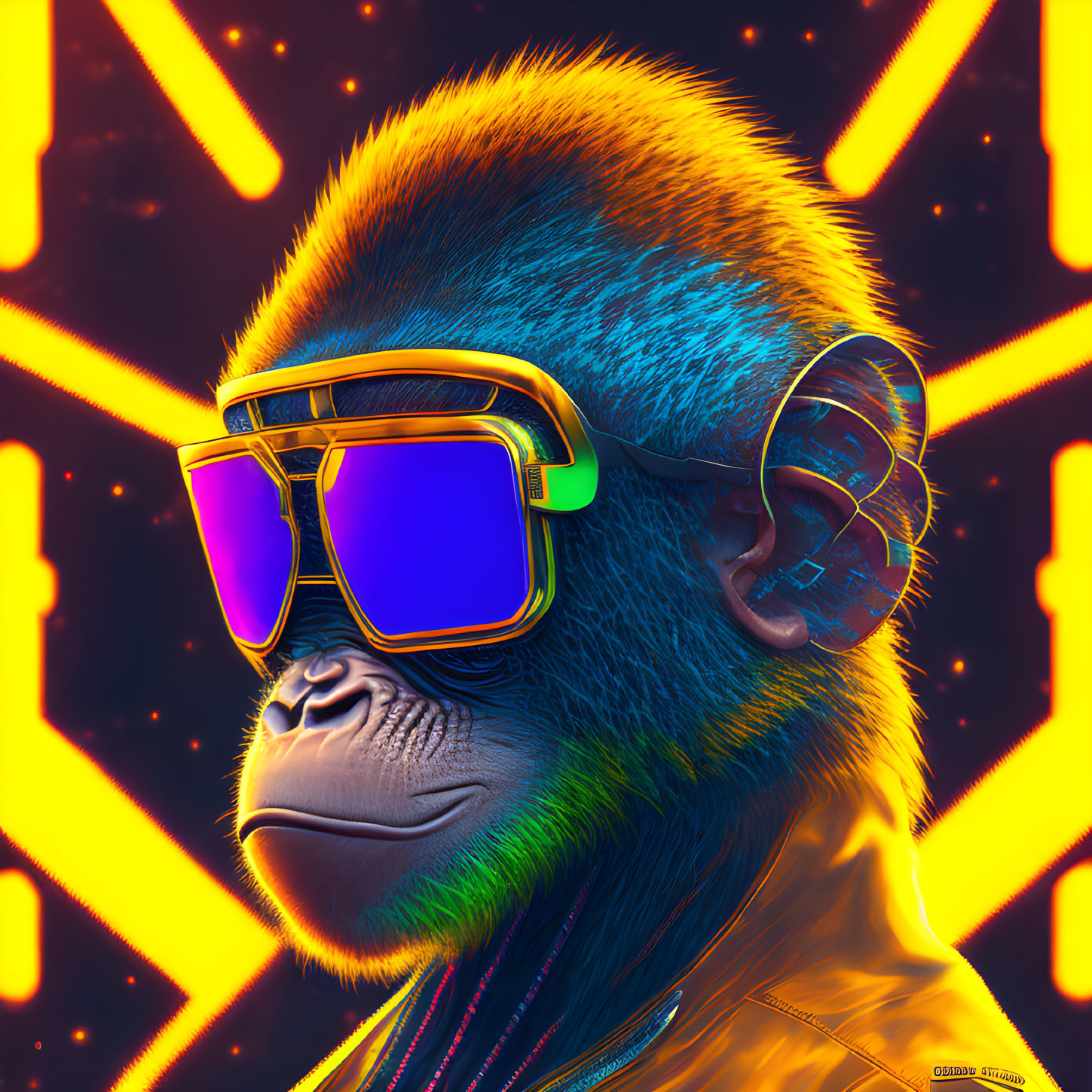 Colorful Monkey Illustration with Sunglasses and Headphones on Neon Background