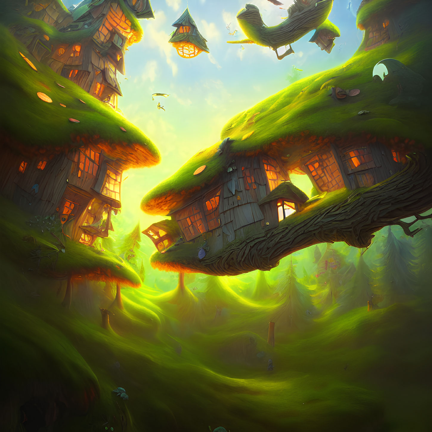 Whimsical treehouses and glowing windows in fantasy landscape