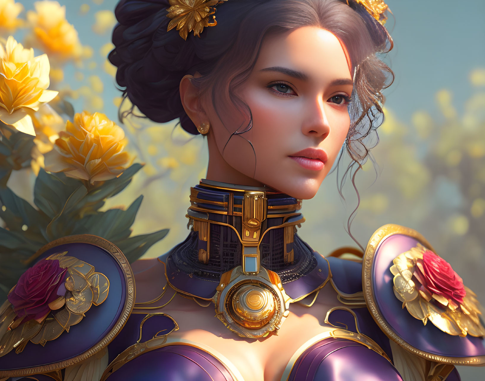 Elaborate gold and purple attire on a woman in digital art