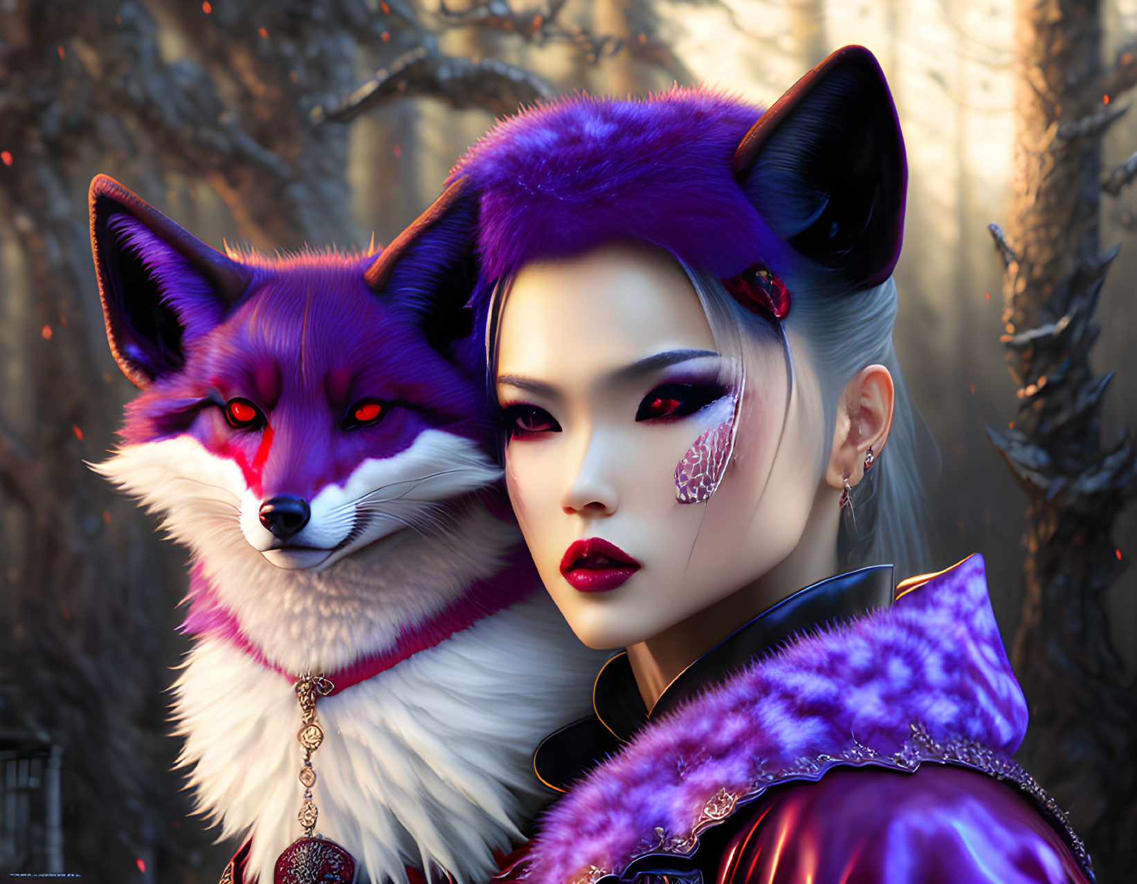 Digital Artwork: Woman with Stylish Makeup and Purple Fur with Mystical Fox