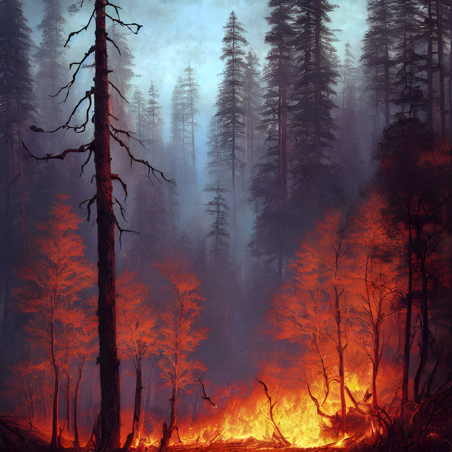 Forest Fire at Dusk: Small Flames and Embers in Smoky Blue Sky