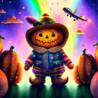 Colorful Jack-o'-lantern character in scarf with pumpkins and sunset sky