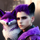 Digital Artwork: Woman with Stylish Makeup and Purple Fur with Mystical Fox