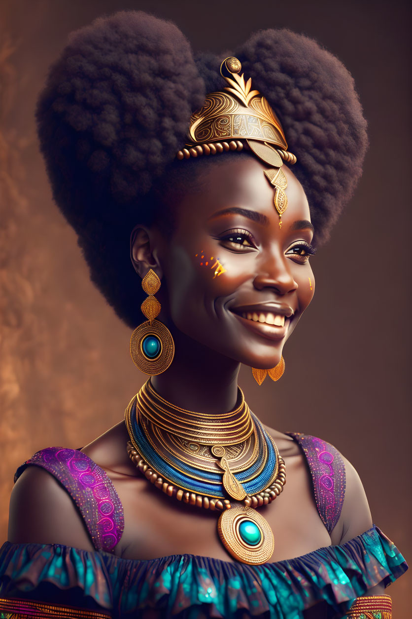 Smiling woman with ornate gold accessories in colorful outfit