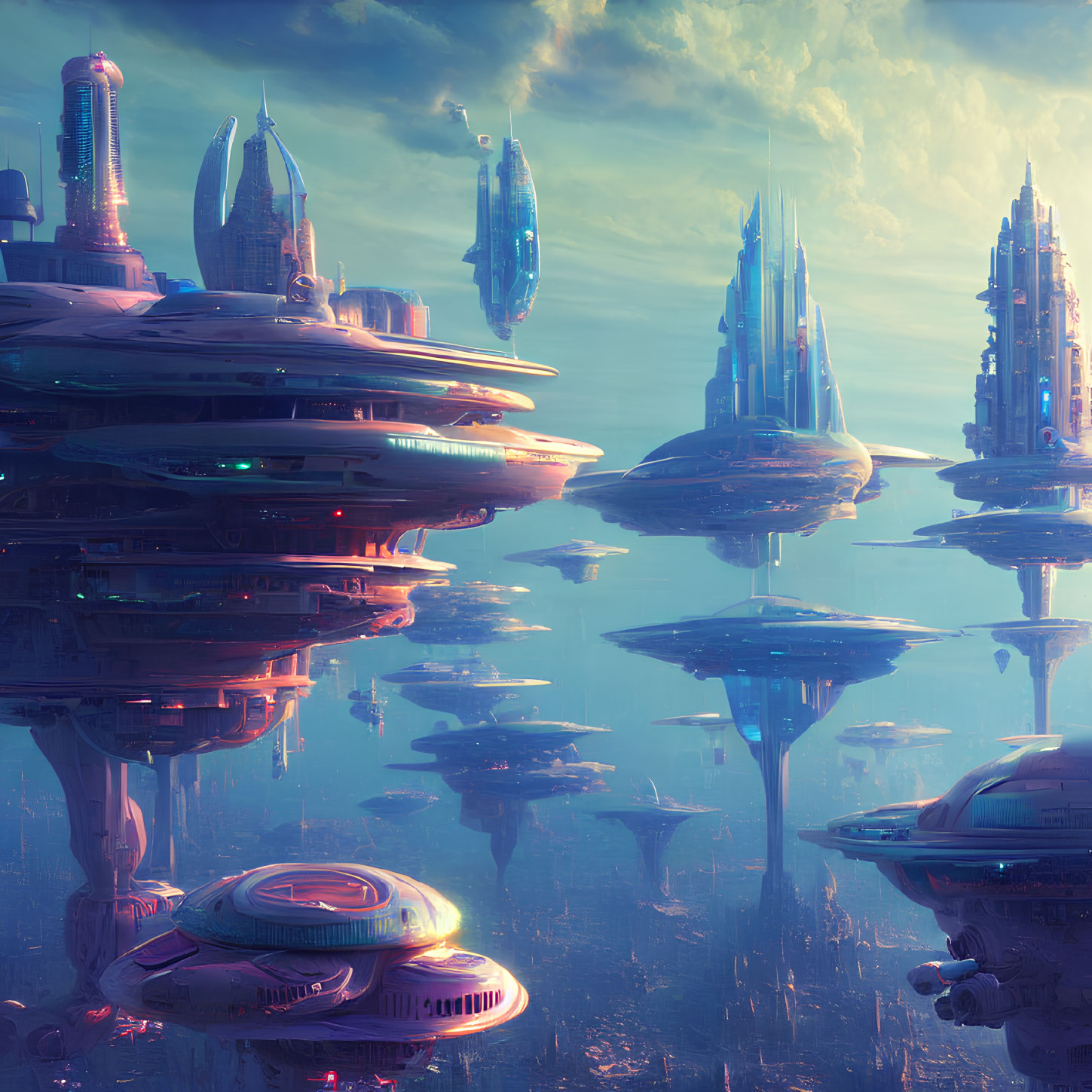 Futuristic cityscape with skyscrapers and floating structures under pastel sky