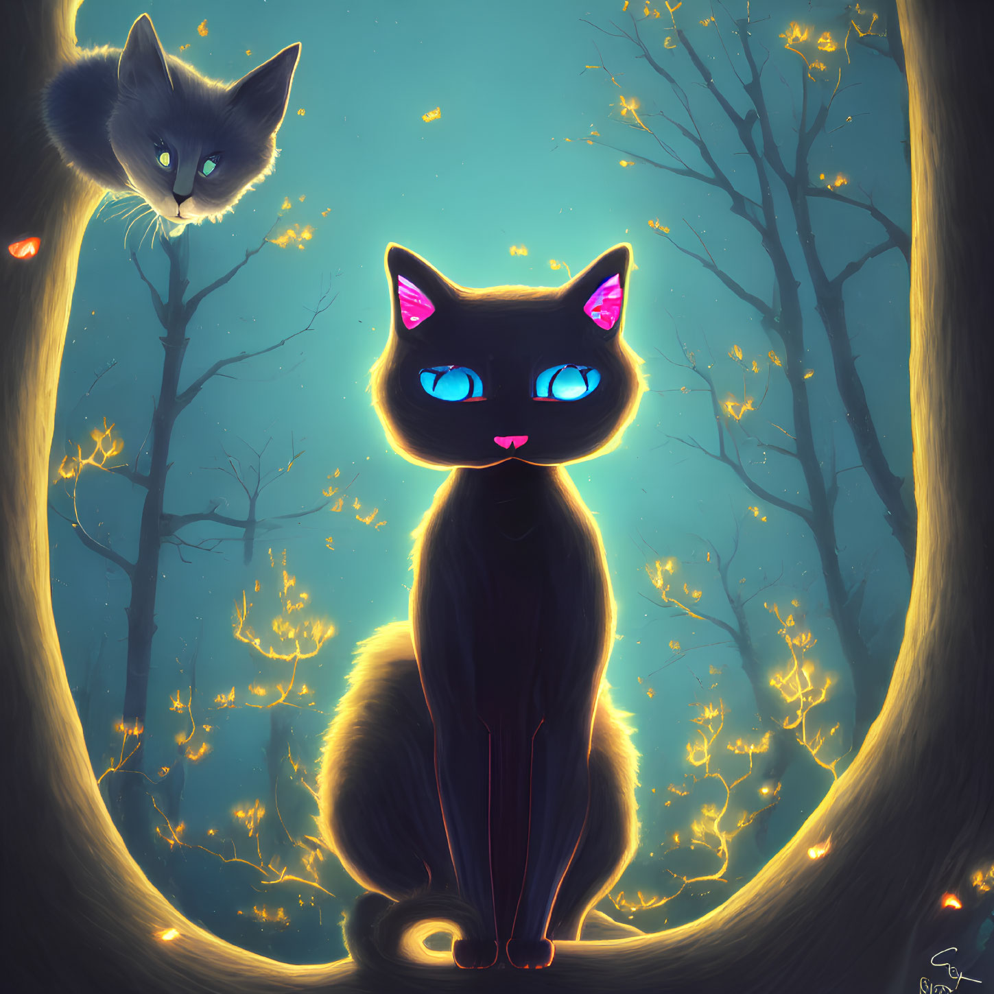 Stylized cats with glowing eyes in magical forest at twilight