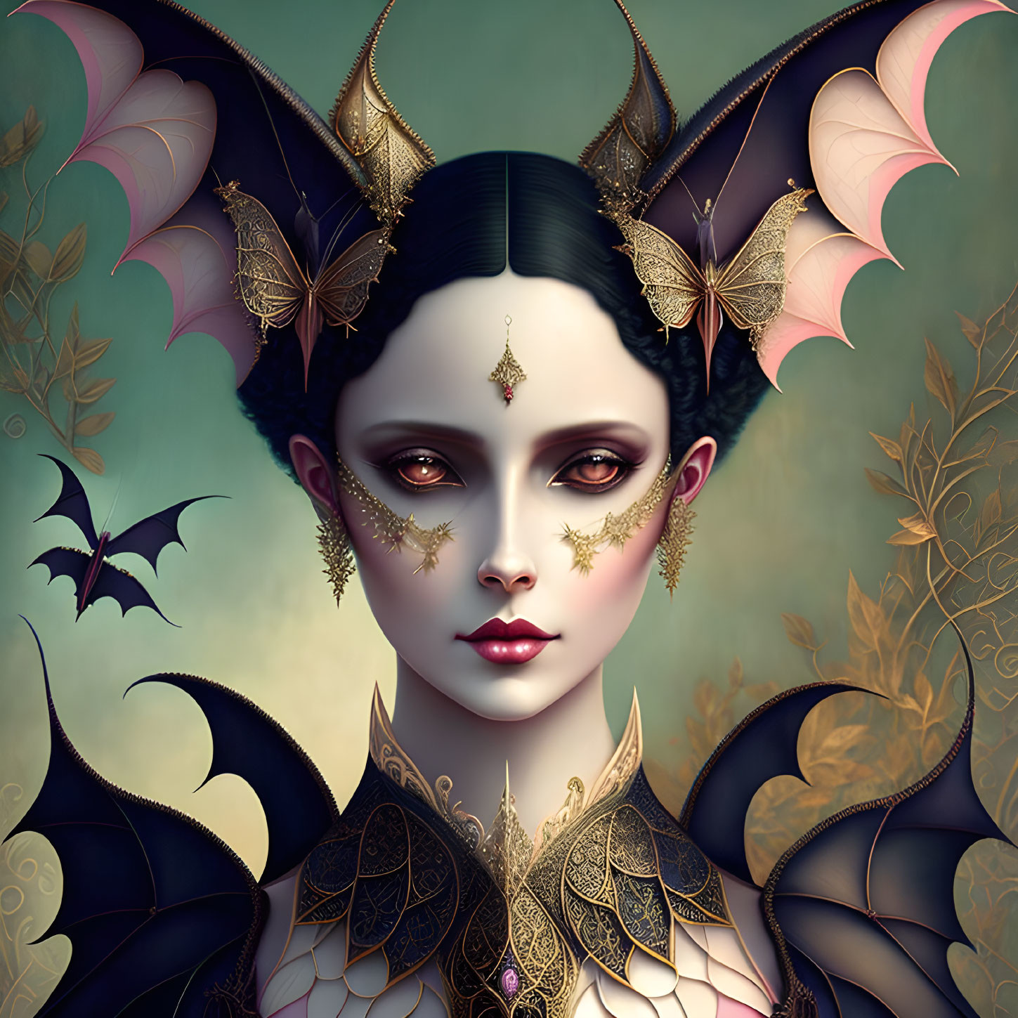 Fantasy illustration of woman with dark wings, gold facial adornments, horns, surrounded by golden foliage