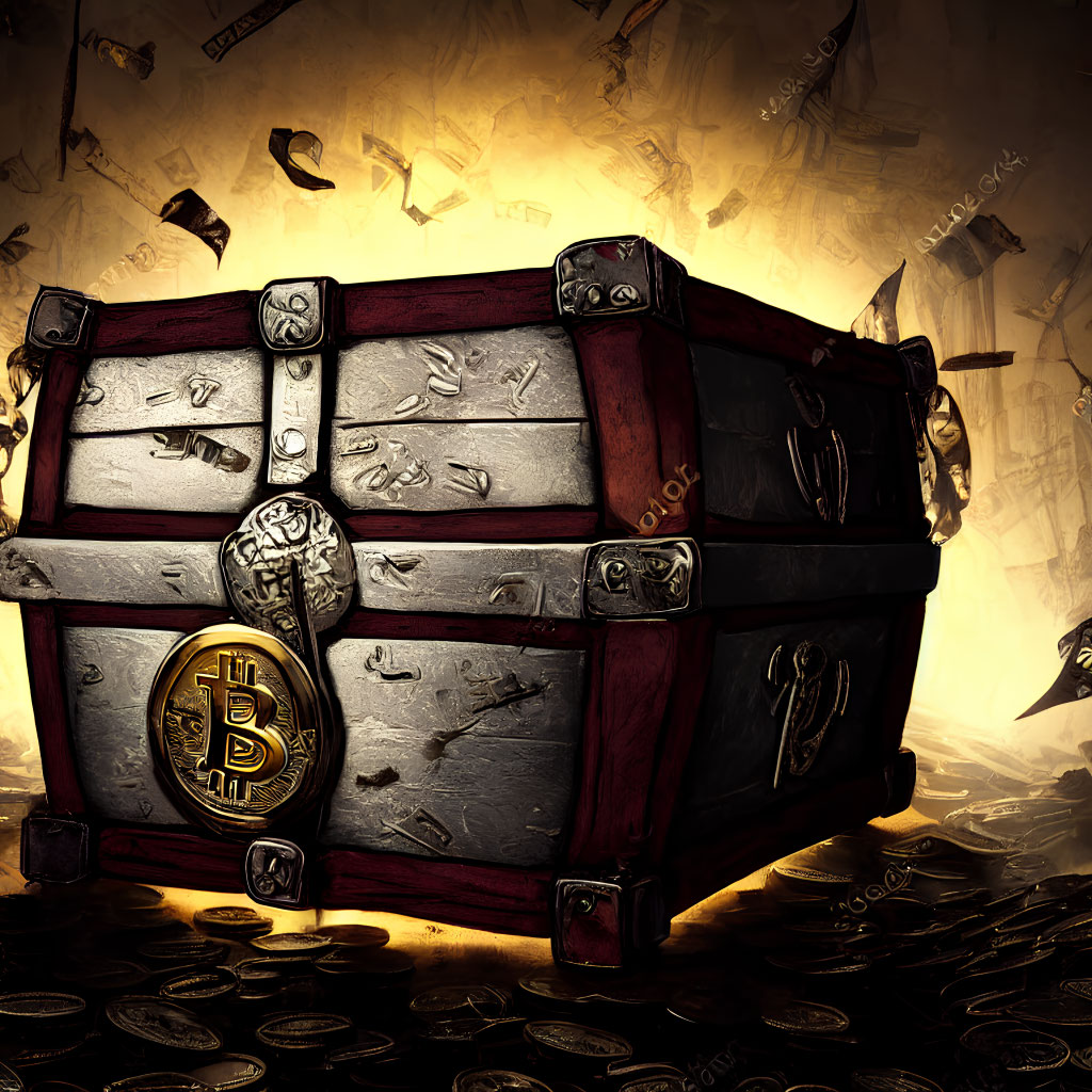 Wooden treasure chest with Bitcoin emblem and falling coins on fiery background