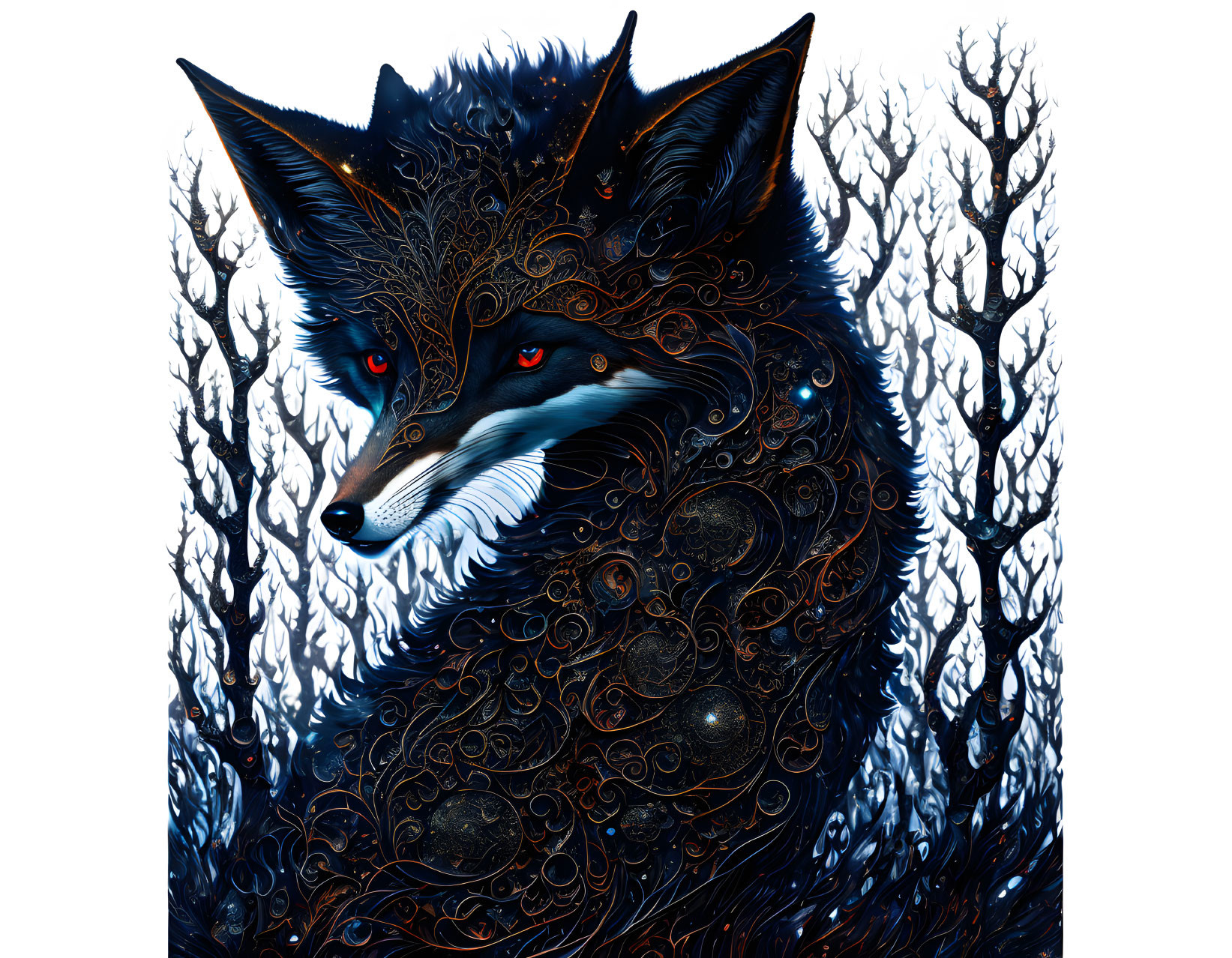 Detailed Stylized Fox Illustration in Vivid Blue-Black Tones