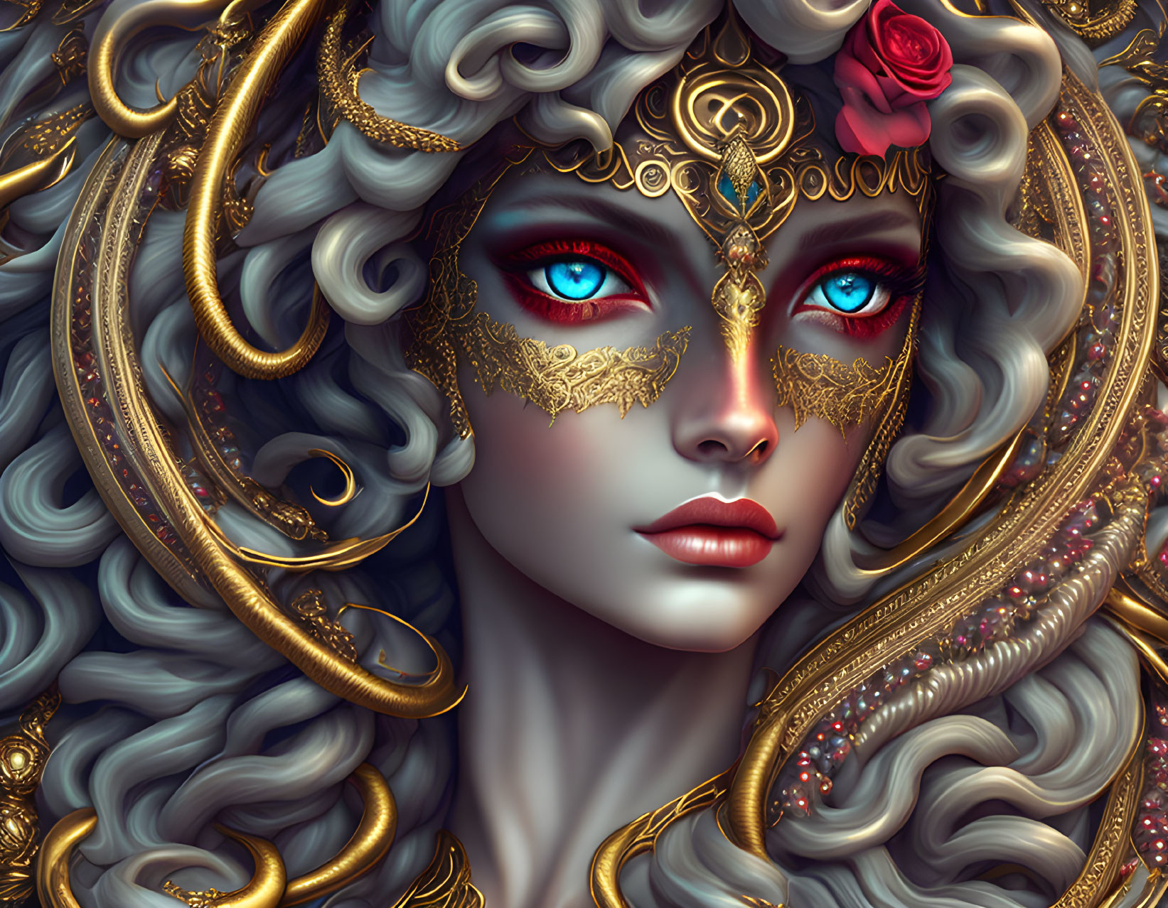 Detailed Illustration: Woman with Vibrant Blue Eyes, Gold Jewelry, Intricate Patterns, Wavy