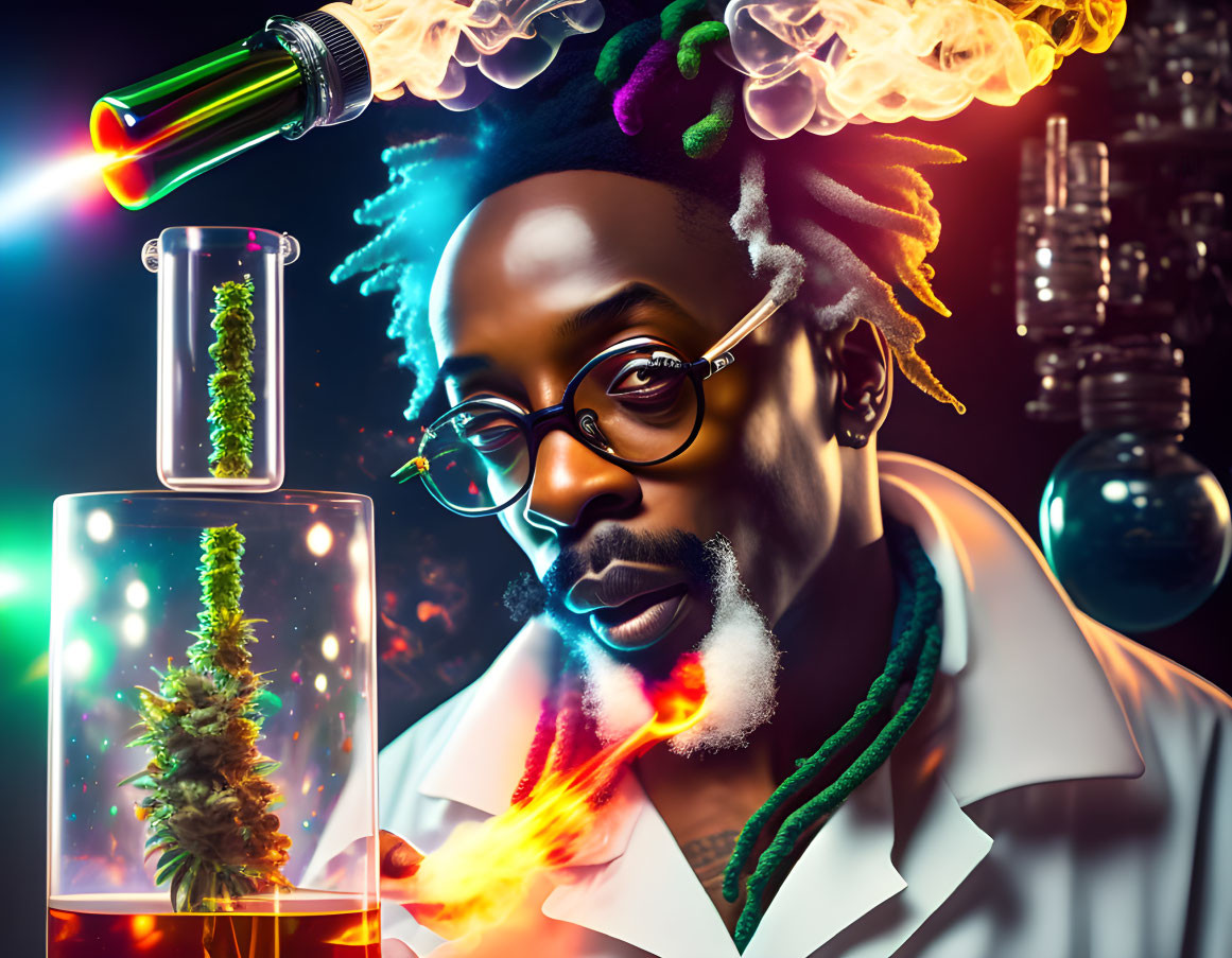 Scientist with dreadlocks studying cannabis in futuristic lab