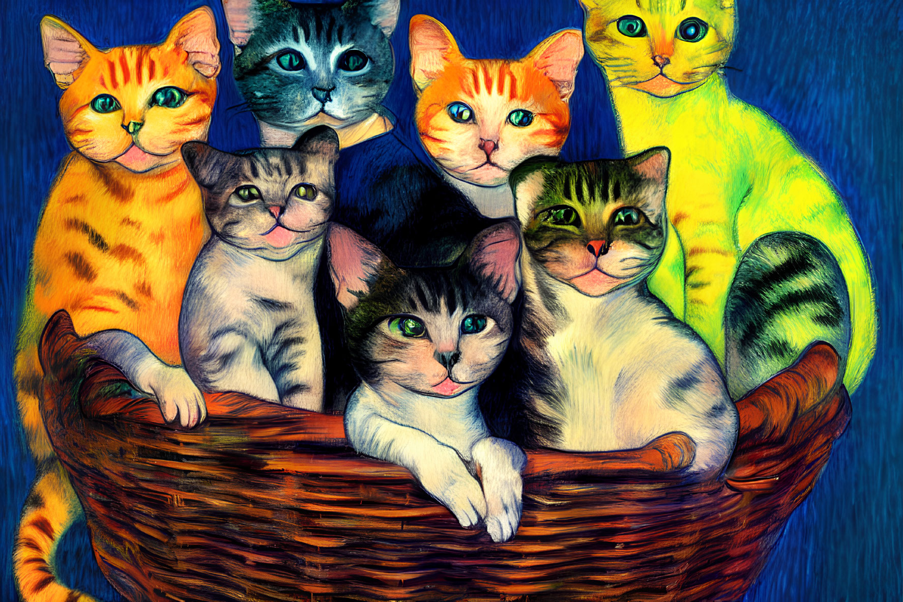 Vibrant Illustration: Seven Cats in Wicker Basket