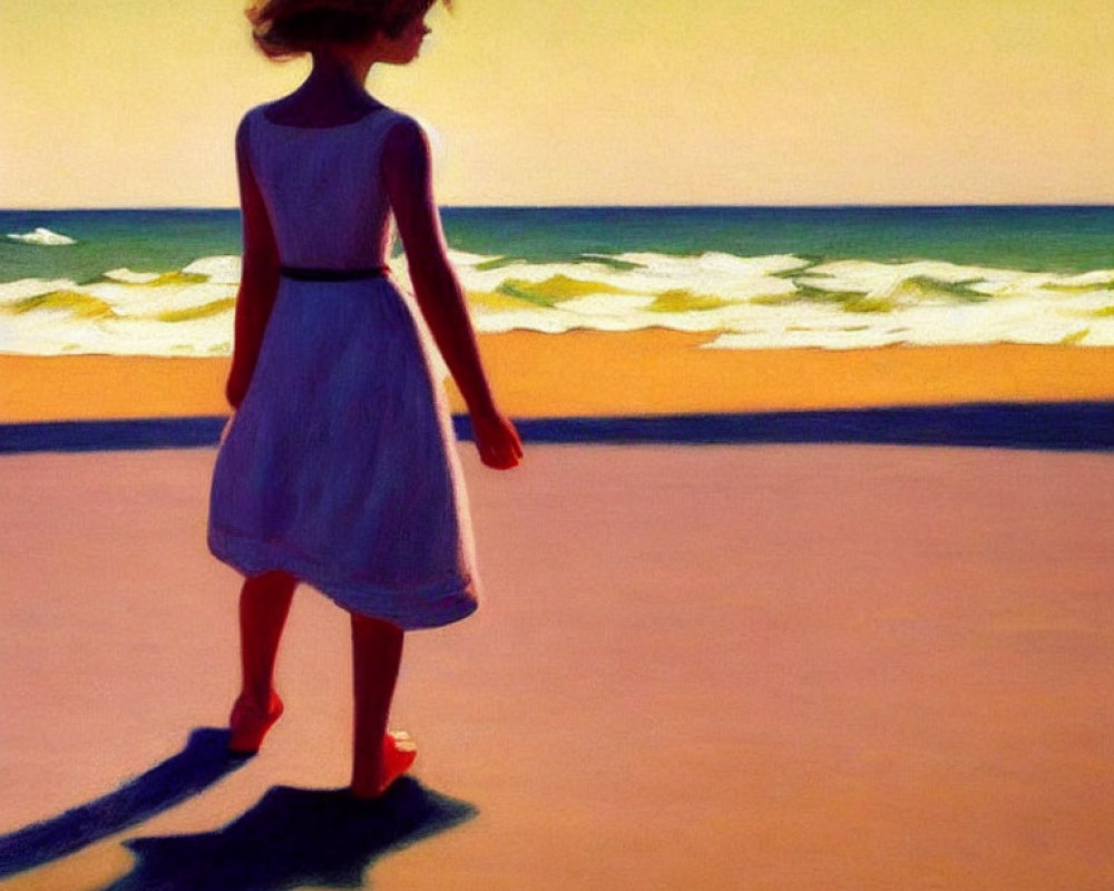 Young girl in blue dress on sandy beach gazes at ocean