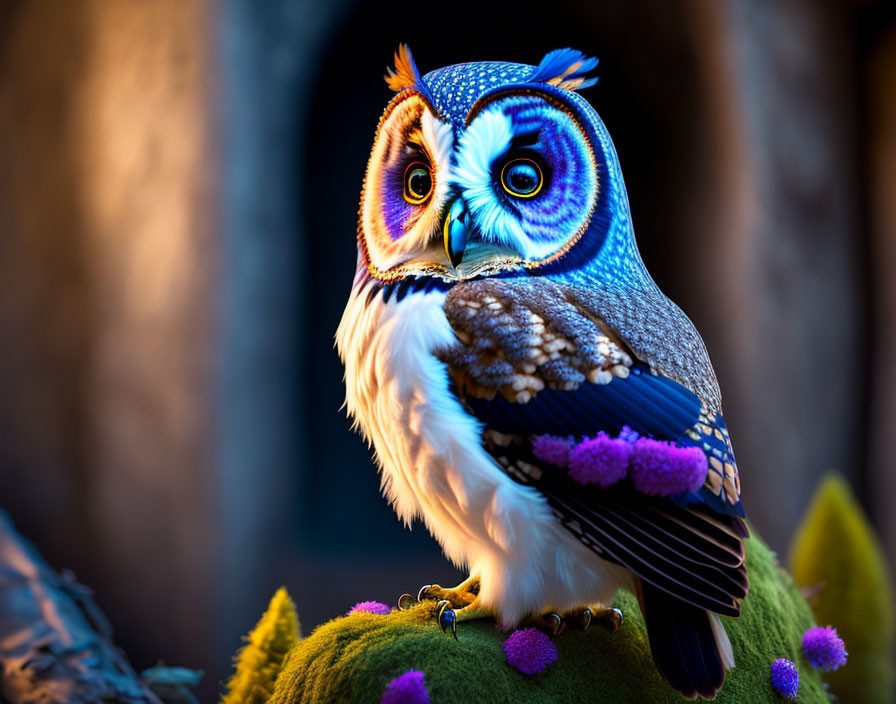 Colorful Owl Illustration with Intricate Patterns and Bright Blue Eyes on Mossy Surface with Purple Flowers