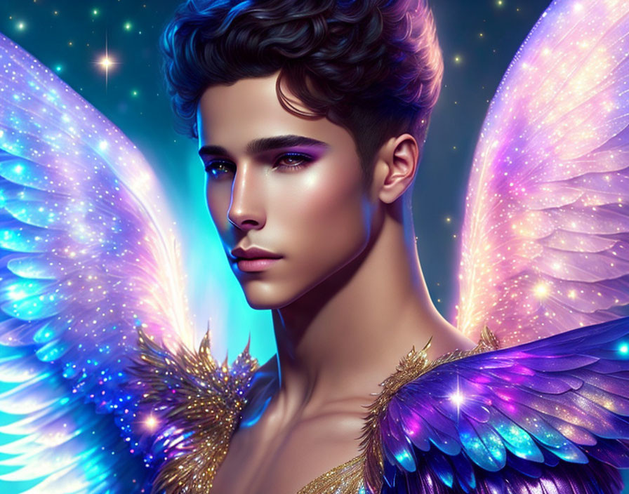 Male Figure with Angelic Wings and Golden Shoulder Armor in Cosmic Background