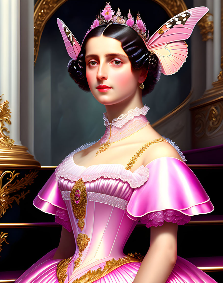 Digital artwork featuring woman in royal portrait with pink dress, butterfly headpiece, and golden ornaments.