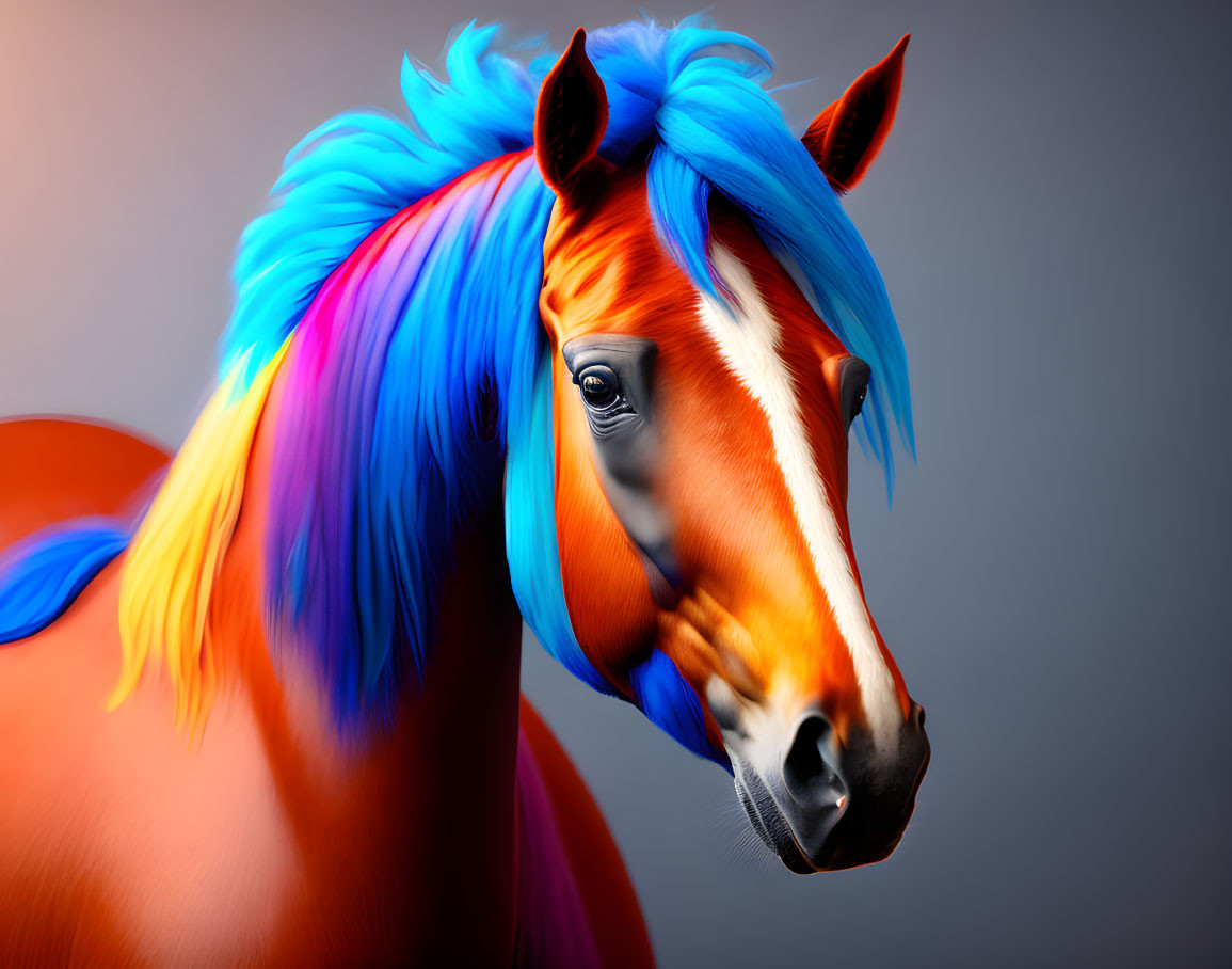 Colorful Horse with Blue and Orange Mane on Gradient Background