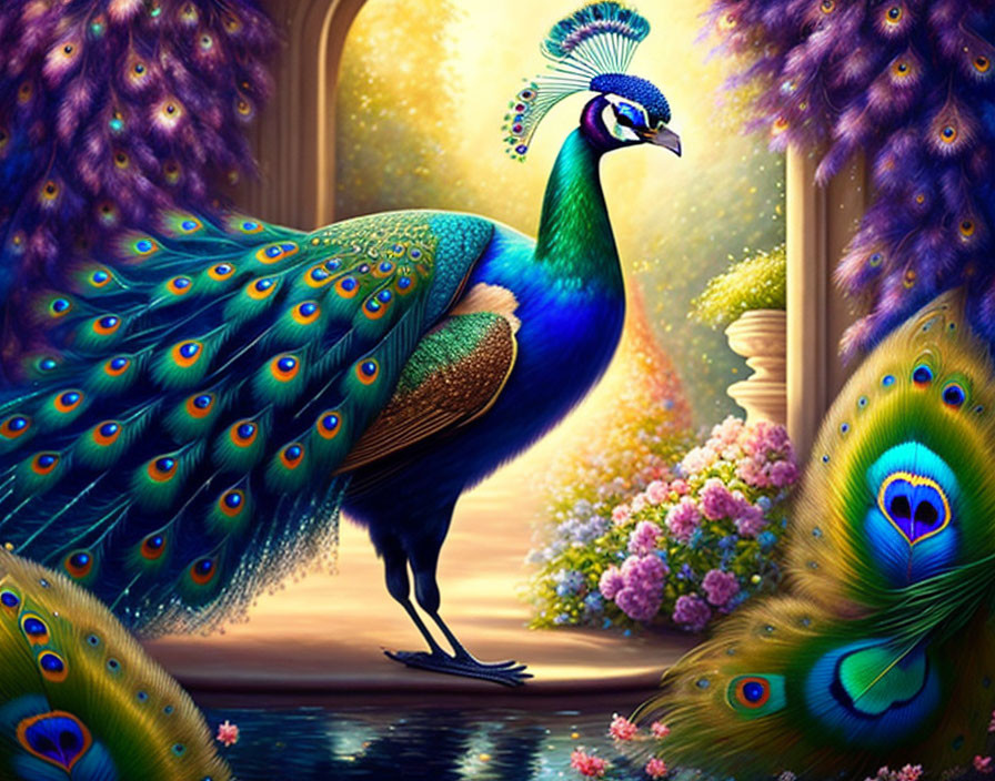 Colorful peacock digital art near water with floral elements