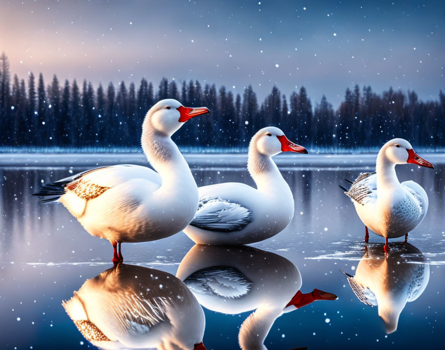 White Geese with Orange Beaks on Icy Surface at Twilight