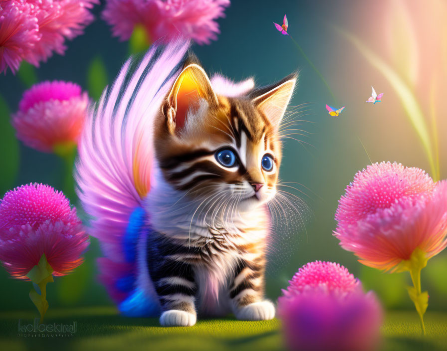 Adorable kitten with blue eyes in fantasy scene