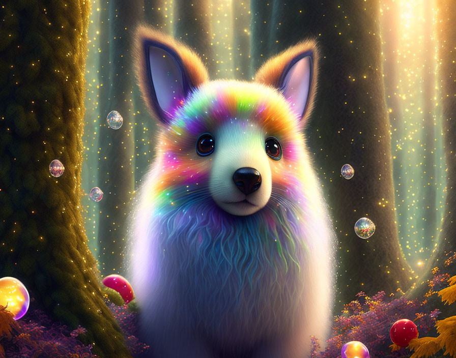 Colorful Fluffy Corgi Creature in Enchanted Forest