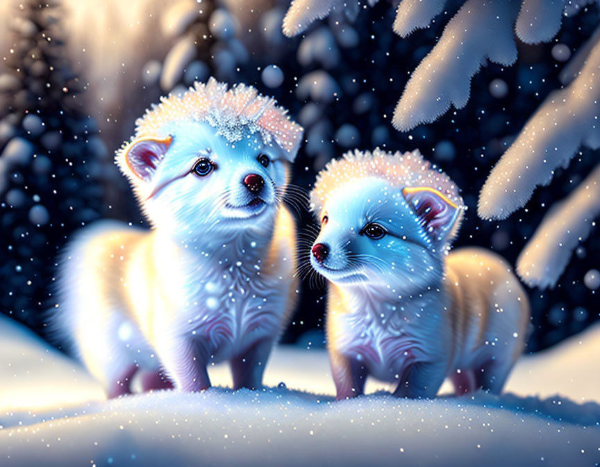 Whimsical snow-dusted creatures in enchanted winter forest