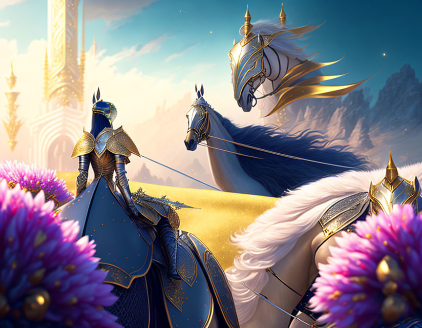 Knight in Blue Armor on Majestic White Horse by Fantasy Castle, Purple Flowers Background