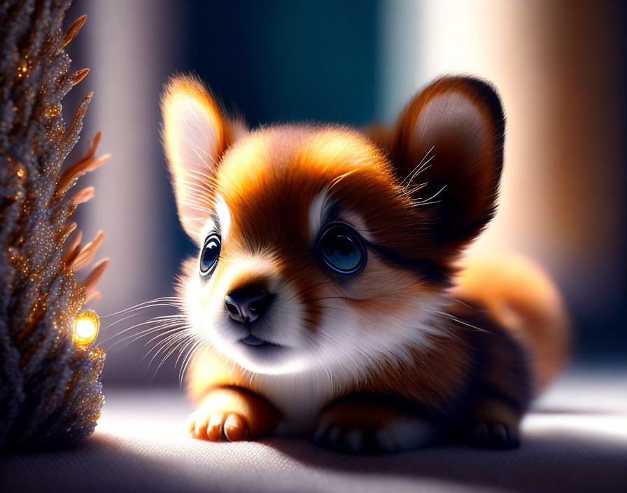 Curious corgi puppy with blue eyes by Christmas tree