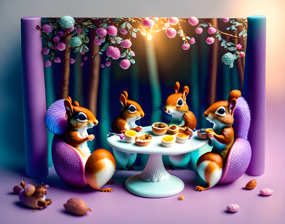 Four animated squirrels having tea under a pink blossom tree