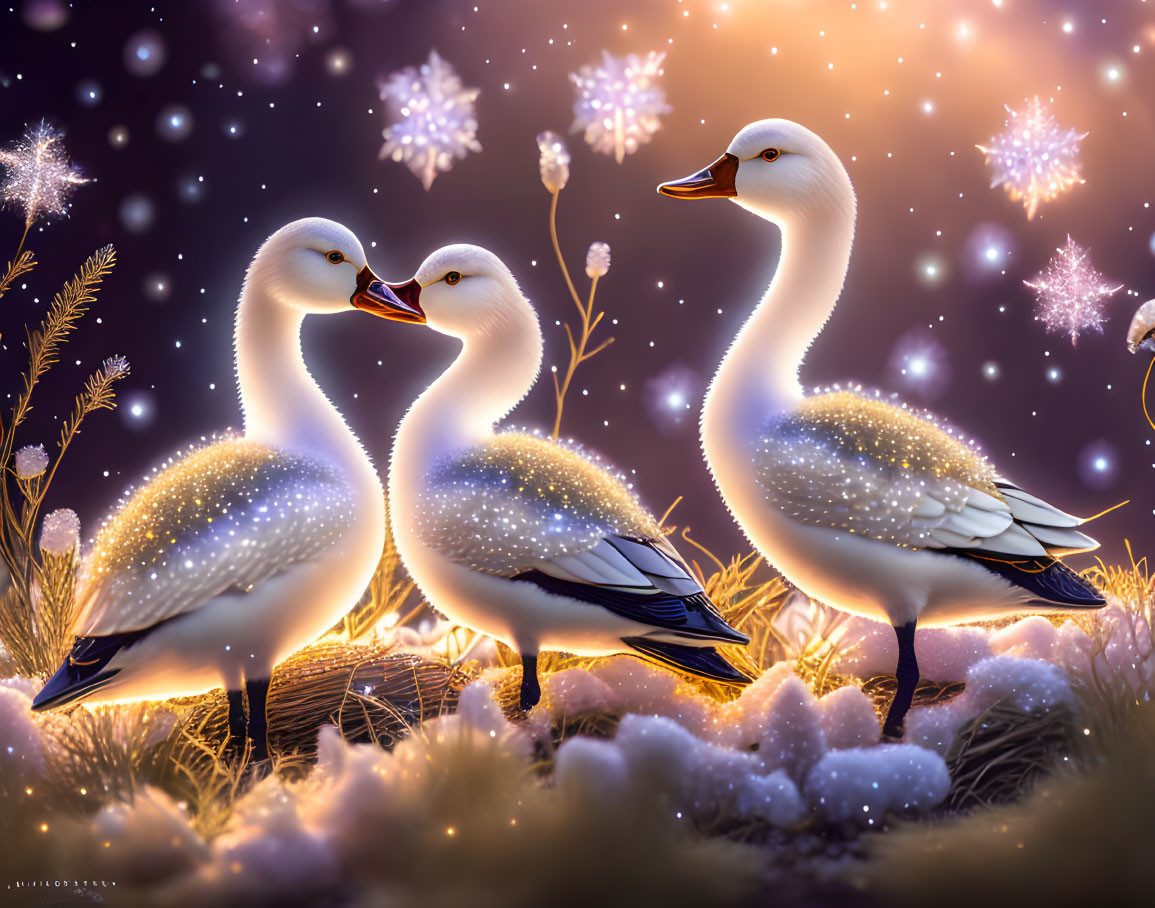 Glowing swans in starry sky with snowflakes and sparkling vegetation