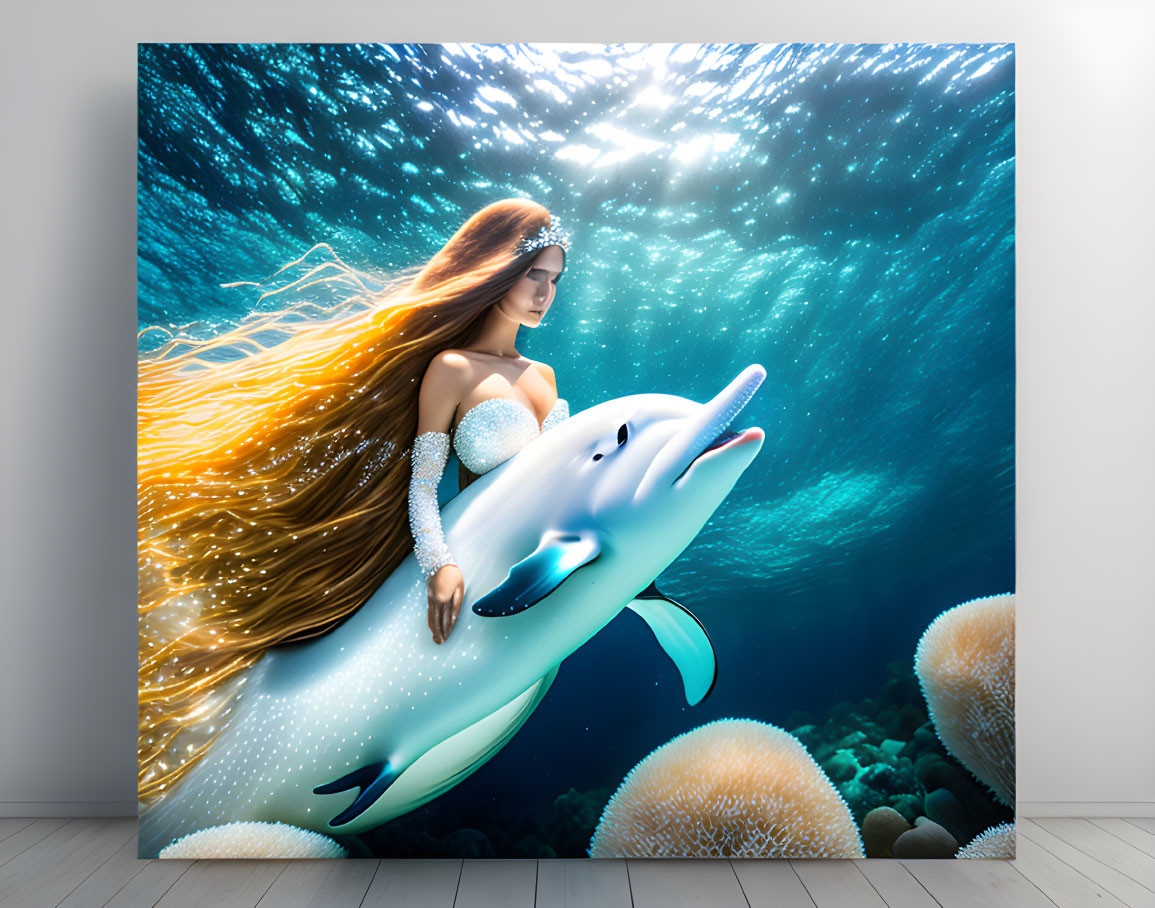 Woman in flowing dress embraces smiling dolphin underwater with coral.