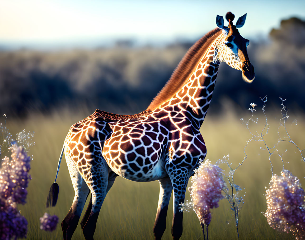 Giraffe in sunlit field with purple flowers and distinctive coat patterns