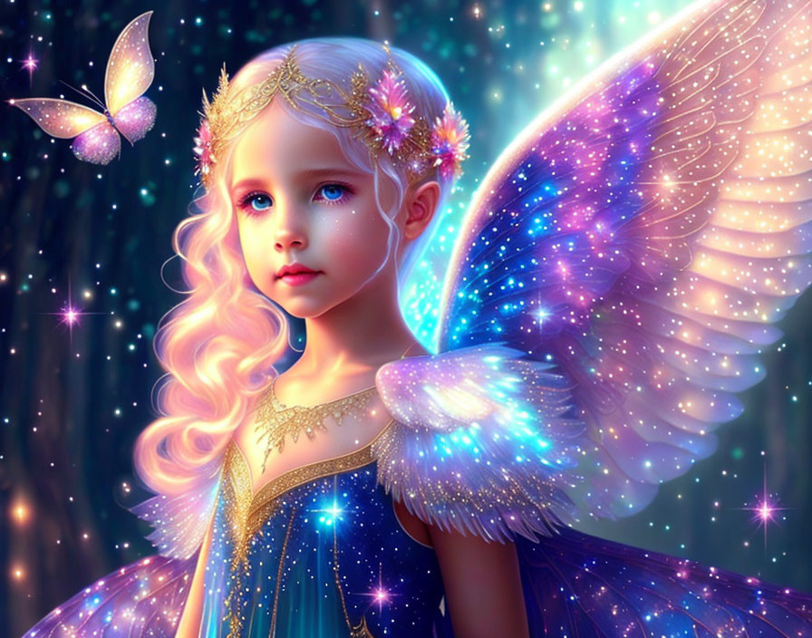 Illustration of young girl with fairy wings, floral crown, butterfly, and sparkling lights