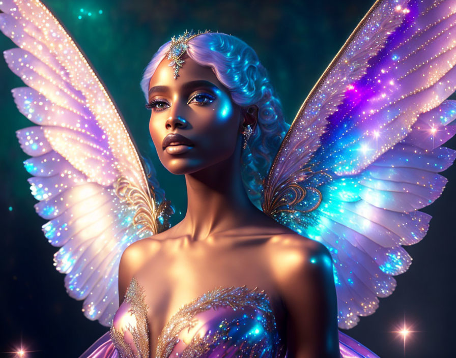 Fantasy digital artwork with iridescent butterfly wings and glowing star-like points