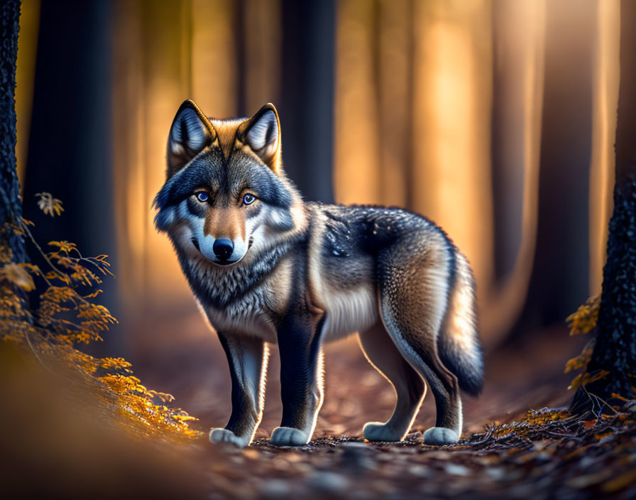 Alert wolf in sunlit forest with autumn foliage and tall trees