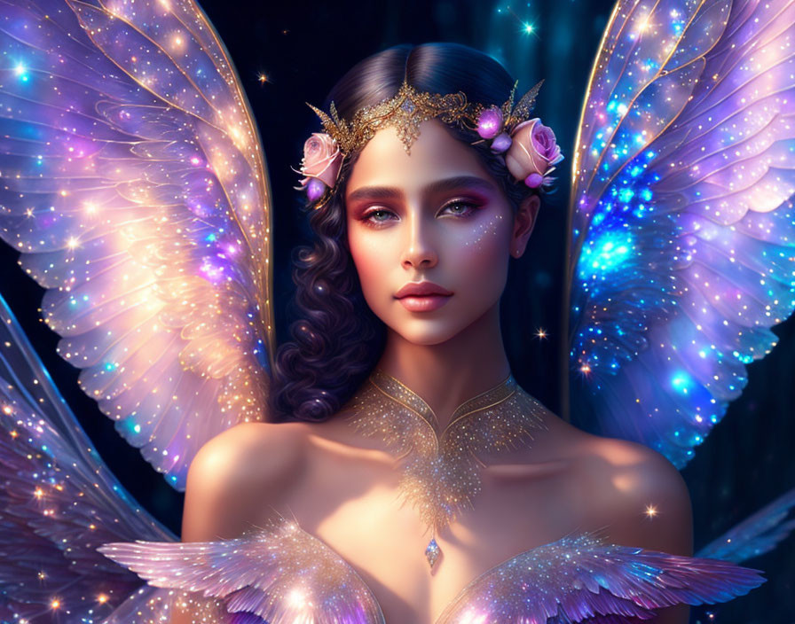 Fairy with Blue Wings and Golden Tiara in Dark Setting