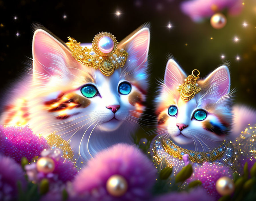 Adorned cats with bright blue eyes in ethereal setting