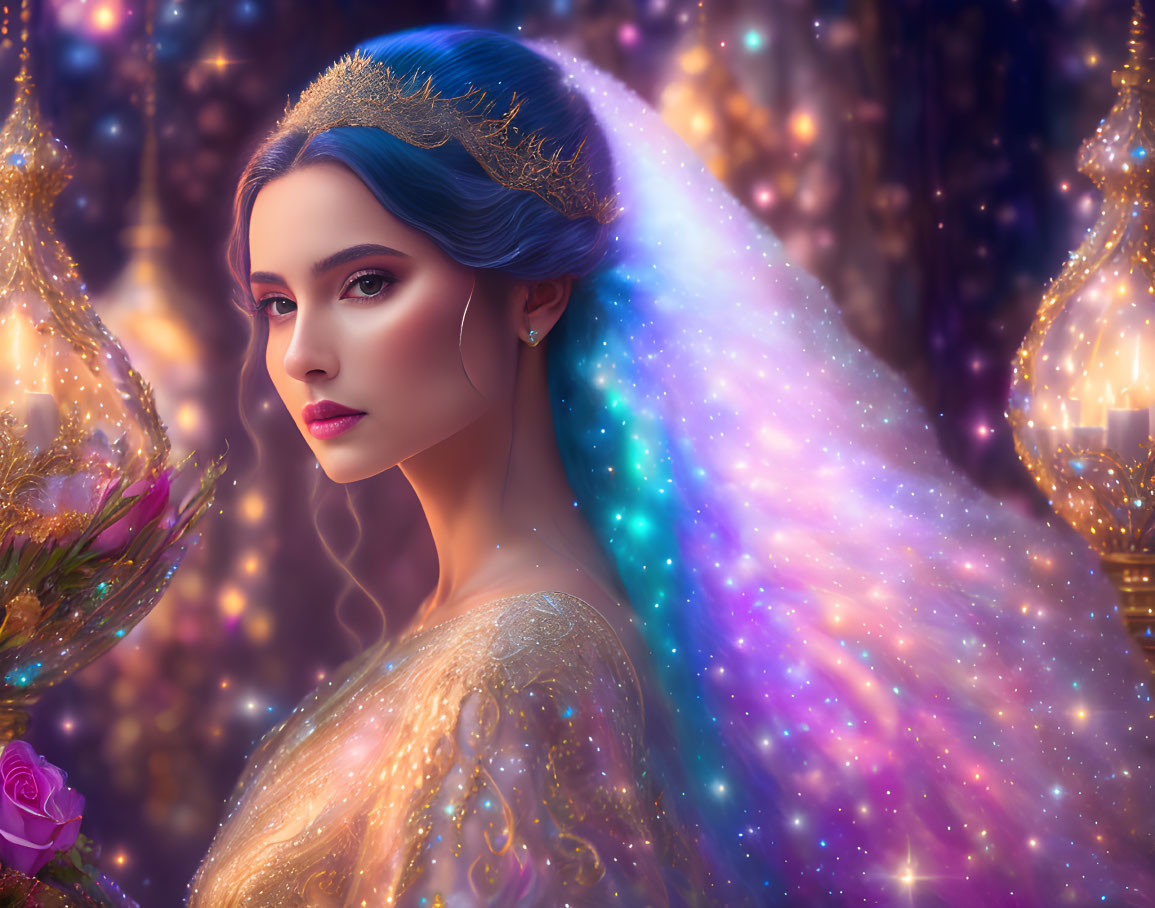 Digital artwork of woman with cosmic hairstyle, crown, ornate dress, glowing lights.