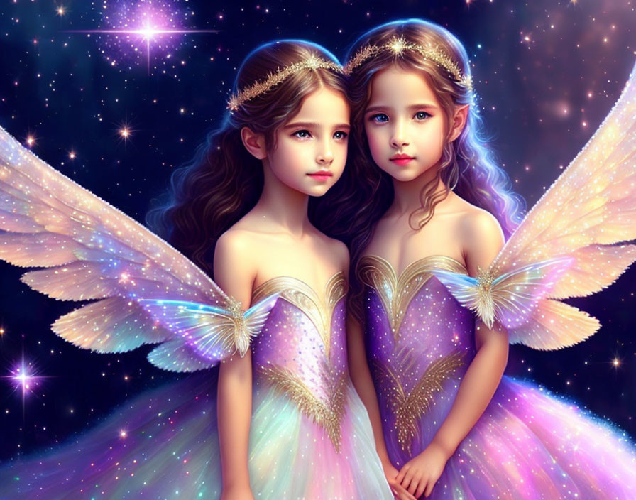 Illustrated young fairies in sparkling attire under starry sky