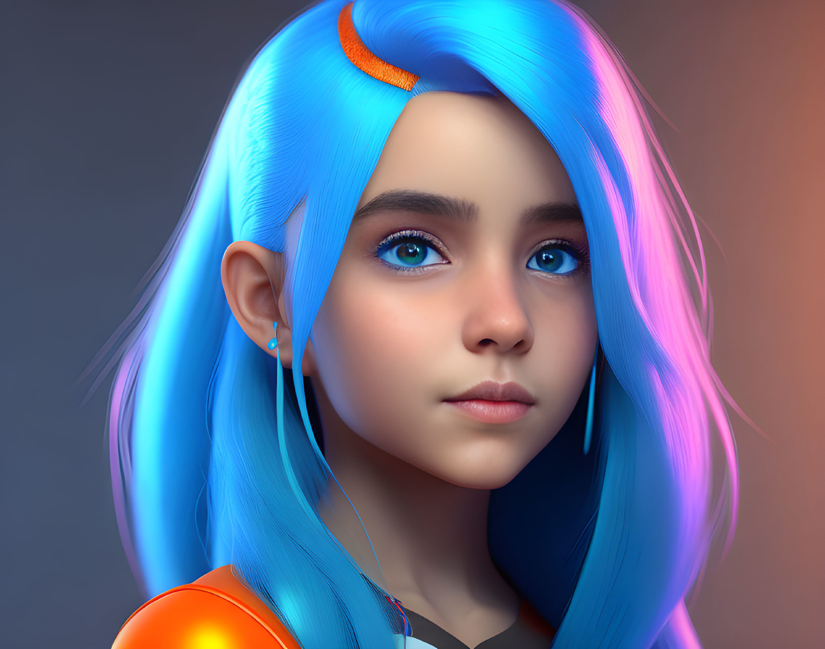 Colorful digital artwork: girl with blue and pink hair, orange outfit, earrings, blue eyes,