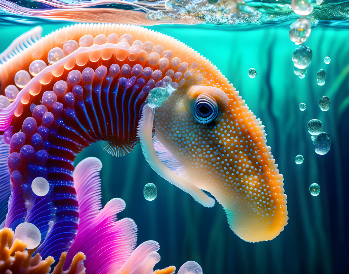 Colorful digital artwork of a seahorse in vibrant underwater scene