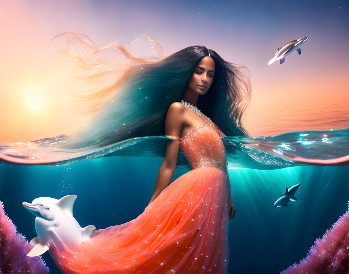 Woman in orange dress merges with sea, hair flowing into waves, dolphins and fish swim, vivid sunset