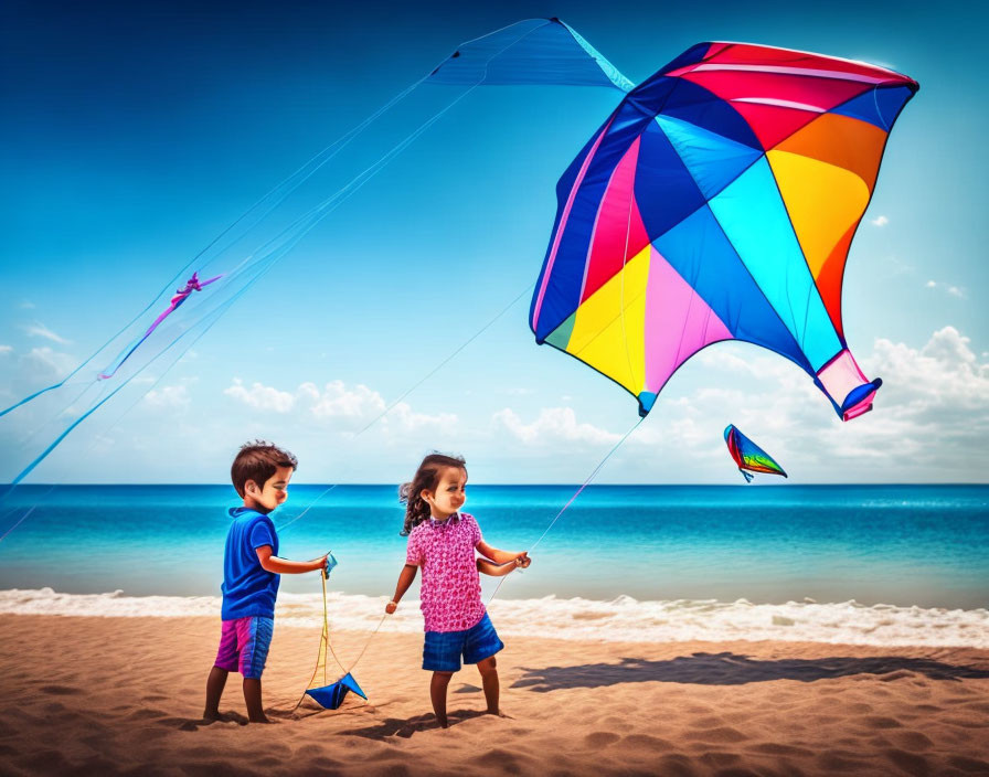 Children flying colorful kites on sunny beach with blue skies and calm sea