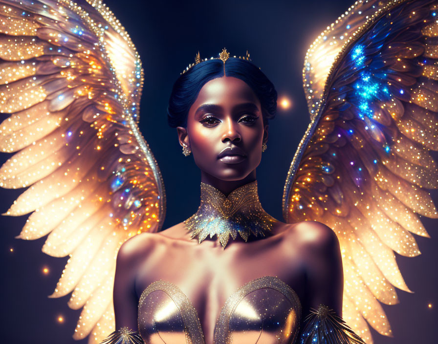 Glowing angel wings woman with dark hair and golden crown on dark background