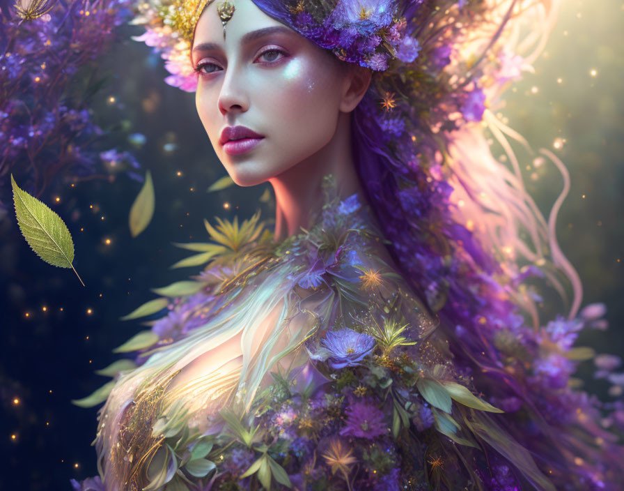 Mystical woman in purple floral attire in magical forest setting