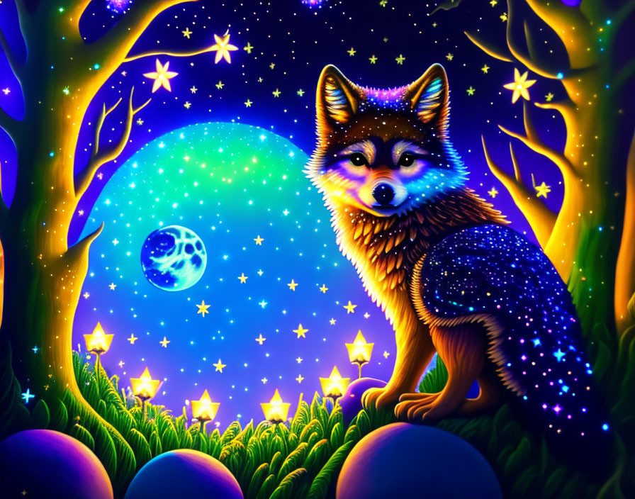 Colorful Fox Surrounded by Glowing Plants and Stars