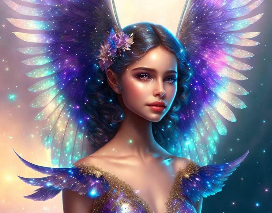 Young woman with radiant butterfly wings and starry backdrop