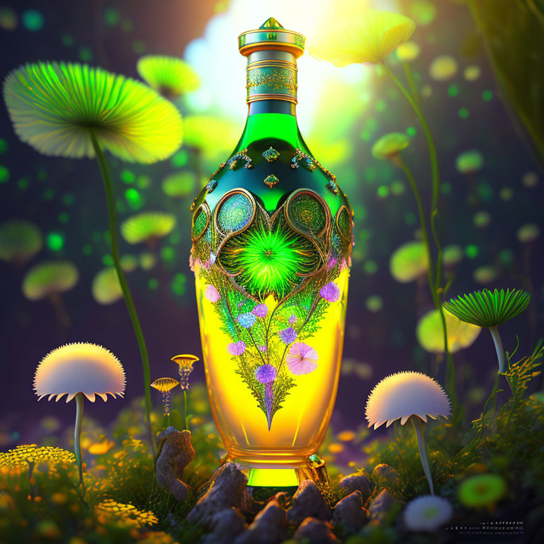 Ornate glowing bottle in magical forest with luminescent flowers