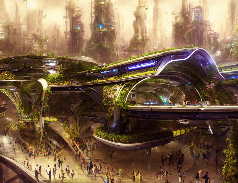 Futuristic cityscape featuring greenery, advanced architecture, and transportation network.