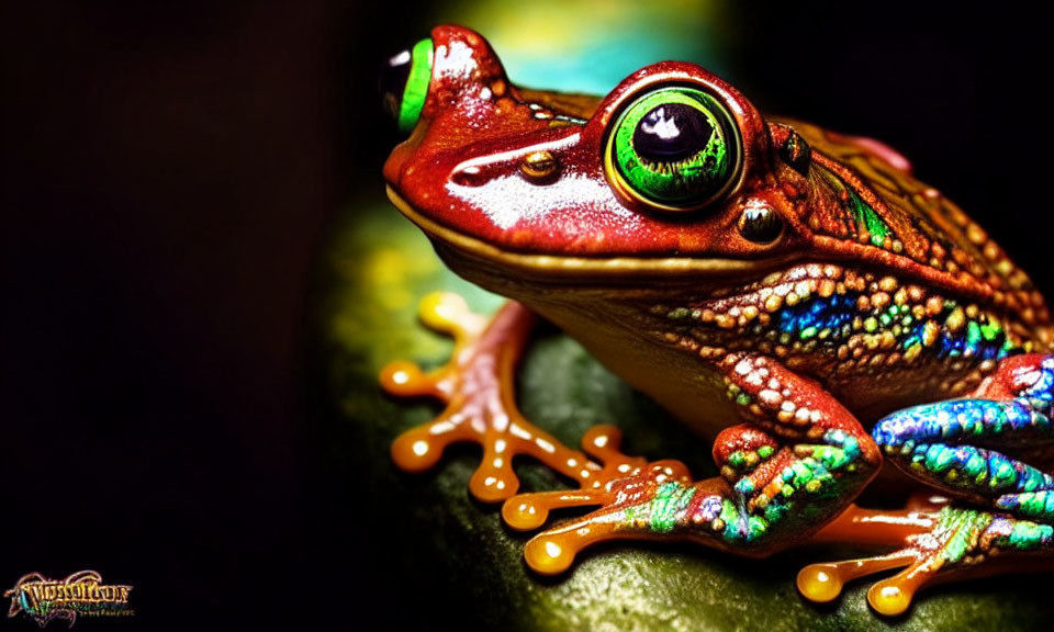 Colorful Frog with Green Eyes on Leaf Displaying Textured Skin & Webbed Feet